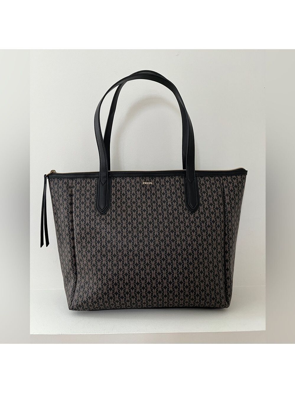 FOSSIL Sydney Signature Tote Double Handle Zip Top PVC Brown Black SHB2816